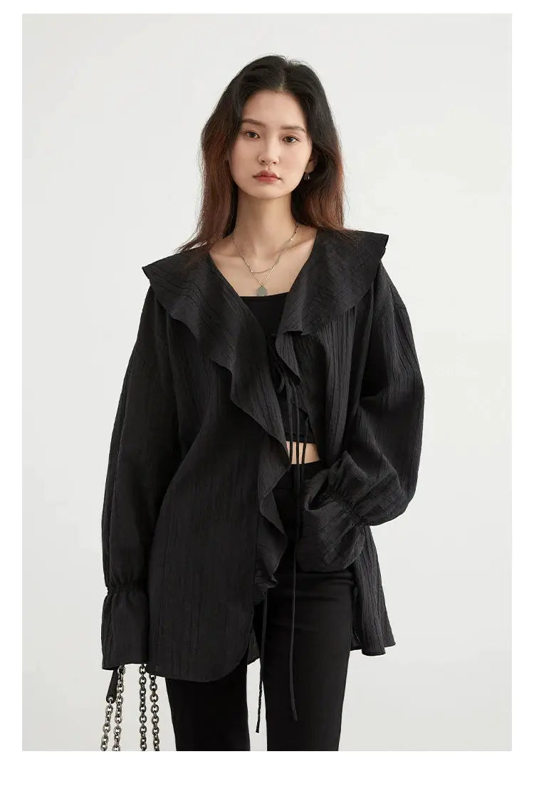 CHIC VEN black loose shirt with cascading ruffles, V-neck lace-up front, Simples Market