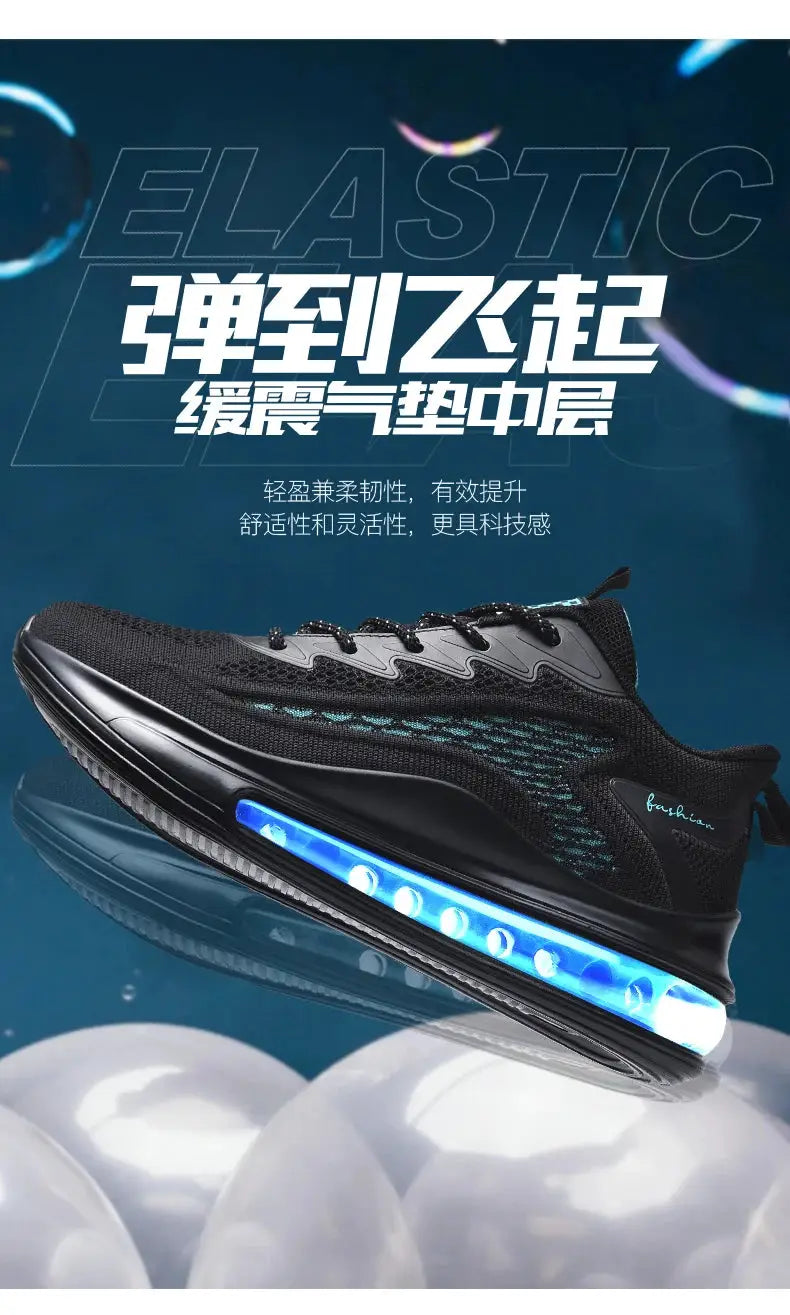 Men's black mesh running sneakers with blue LED-illuminated midsole