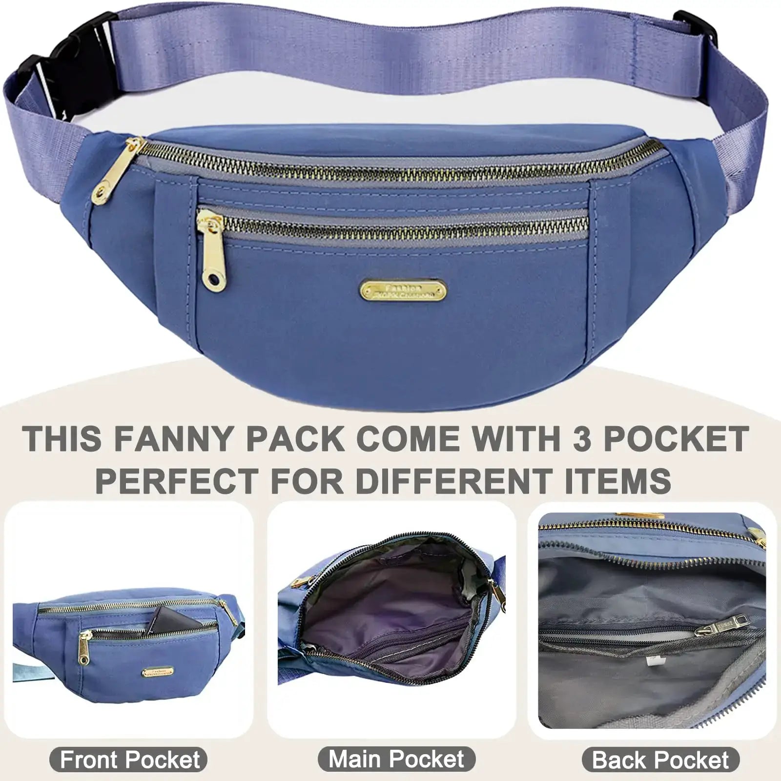 Simples Market blue fanny pack with three pockets, gold-tone zippers, and an adjustable waist belt