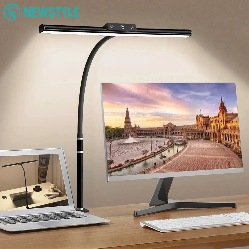 Eye-care LED desk lamp in black metal with flexible gooseneck, adjustable head, and top control panel