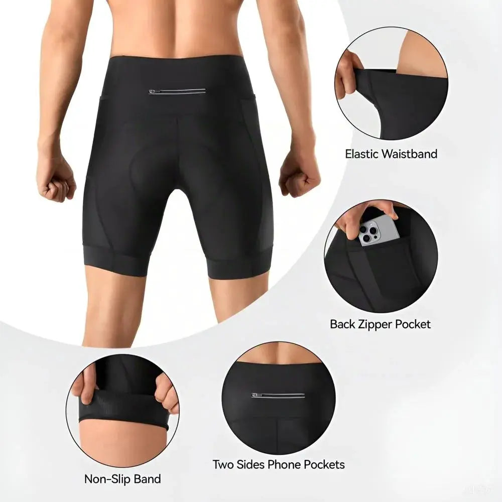 Men's performance cycling shorts, black with elastic waistband and back zipper pocket plus two side phone pockets