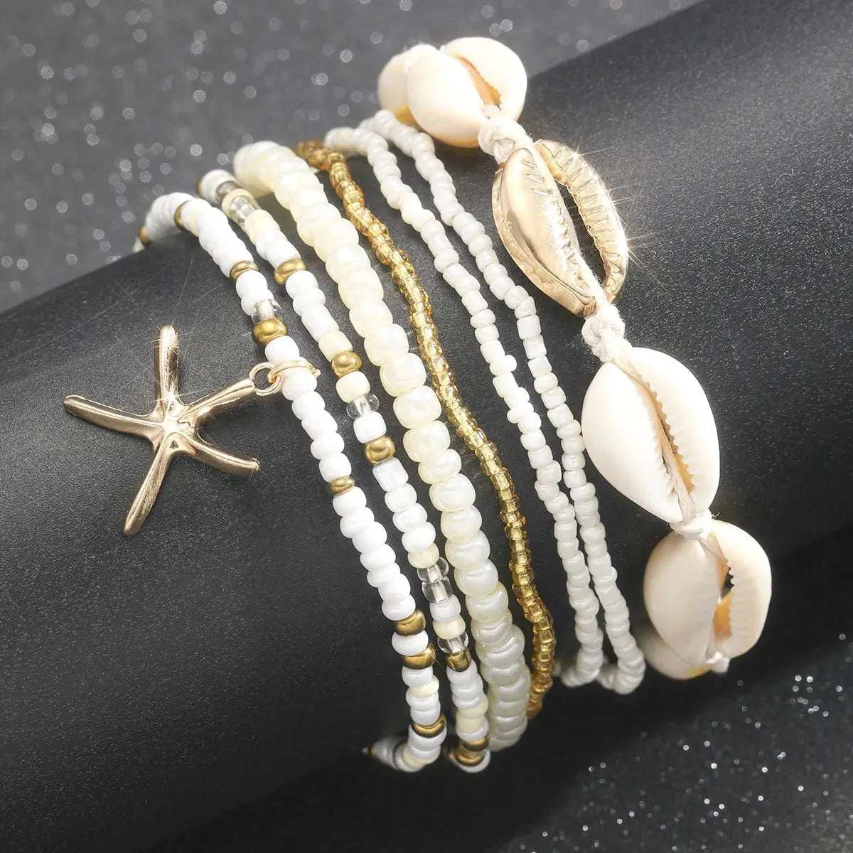 Bohemian Rice Beads Starfish Pendant Anklet Set Multilayer Beach Jewelry For Women 7 Piece Foot Anklets Summer Sea Shell