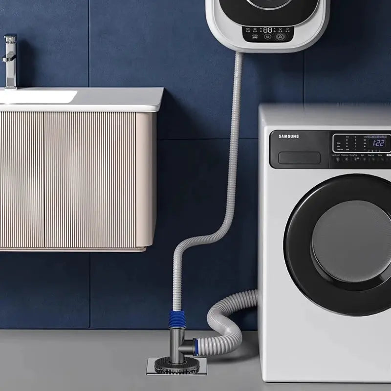 Universal washing machine floor drain with 2-in-1 sewer connector hose adapter and blue collar beside a Samsung washer