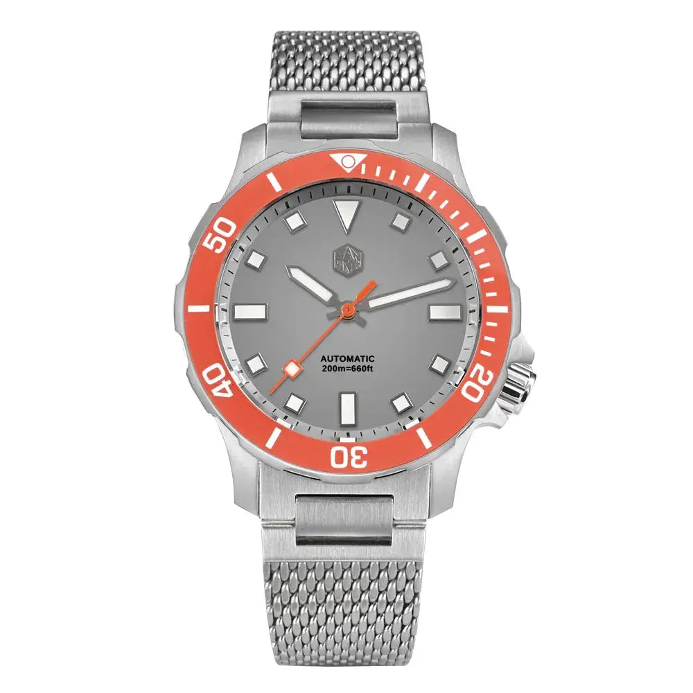 San Martin Original Design Diver watch with orange bezel and Milanese mesh bracelet