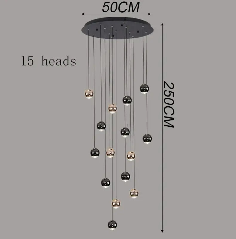 Simples Market 15-head modern LED pendant light with suspended black and rose-gold spheres, 50 cm canopy, 250 cm drop