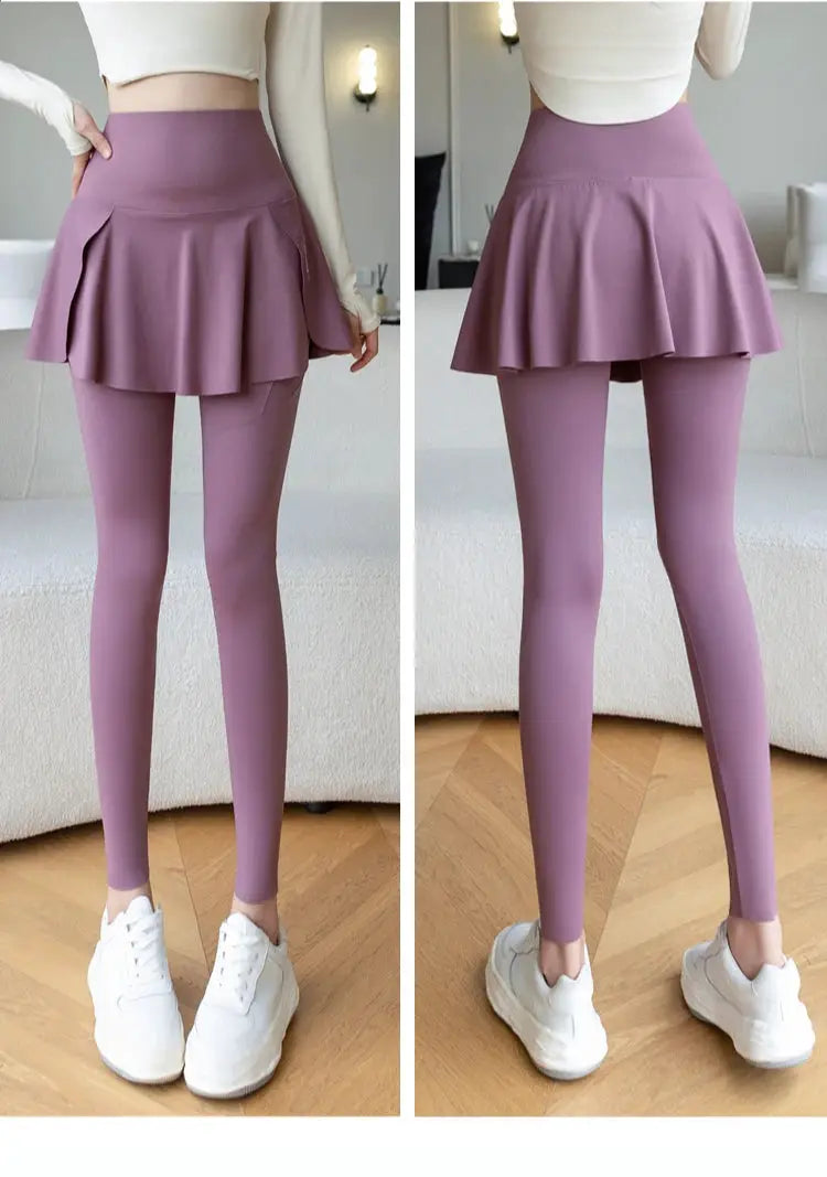 Simples Market women's lavender fake two-piece leggings with high waist, skirt overlay and pockets.