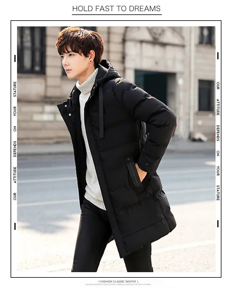 Men's black mid-length cotton-padded hooded winter jacket