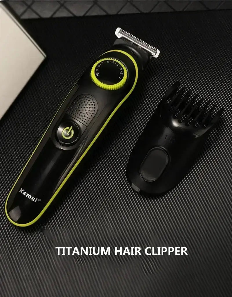 Kemei KM-696 titanium hair clipper with black and neon-green body, adjustable dial, and detachable comb