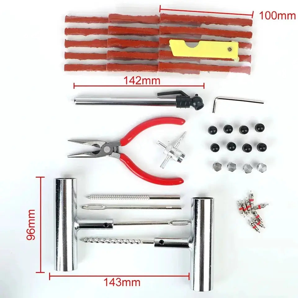 Simples Market 45-piece tyre repair kit for car and motorcycle; red patch strips, pliers, T-handle tools, and puncture repair bits