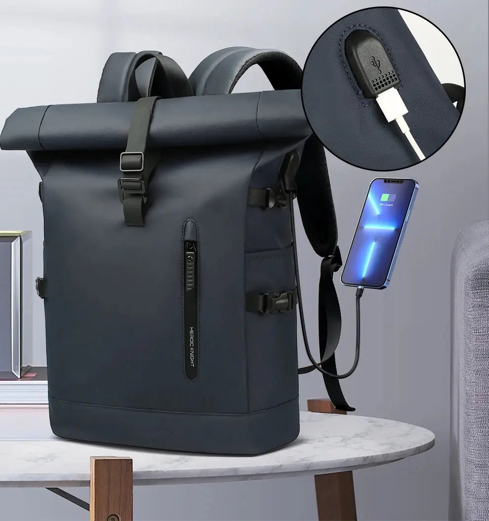 Simples Market HK large 15.6in laptop backpack in navy with USB charging port and anti-theft design.
