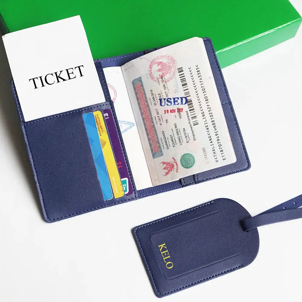 Navy blue leather travel passport cover set with two pieces: passport cover and KELO luggage tag