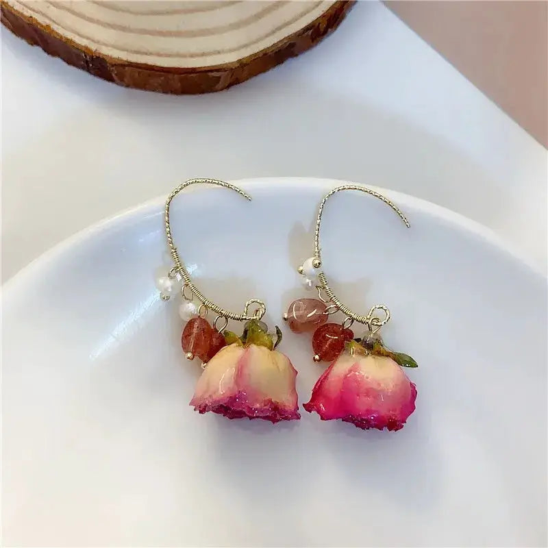 Unique red rose epoxy resin earrings with pink rose buds and silver-tone hooks, Simples Market