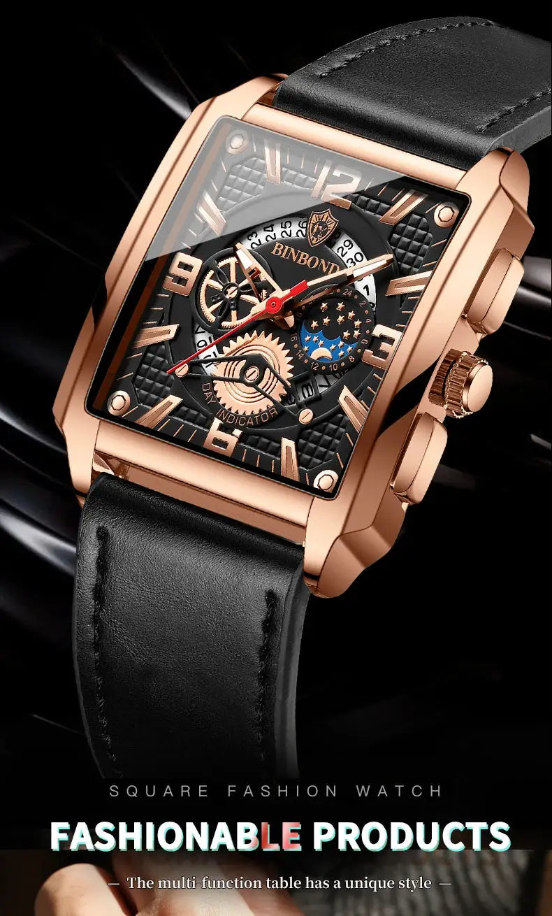 BINBOND square men's watch with rose-gold case, black textured dial, durable quartz movement, black leather strap