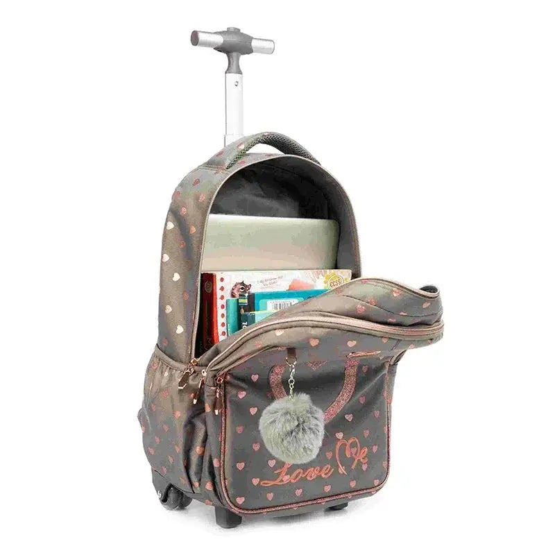 Children's wheeled backpack set by Simples Market, gray heart-print rolling school bag with lunch box for girls