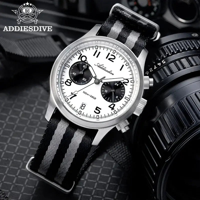 ADDIESDIVE men's chronograph watch with white dial, black subdials, stainless steel case, striped NATO strap, 100m water resistant.