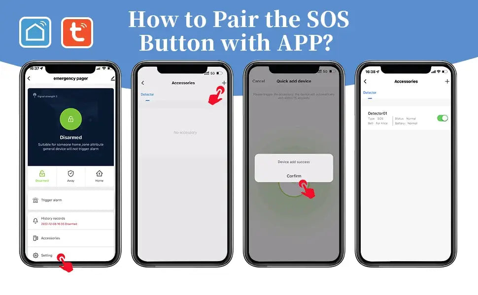Wireless WiFi elder care SOS pager with app pairing shown on four iPhone screens