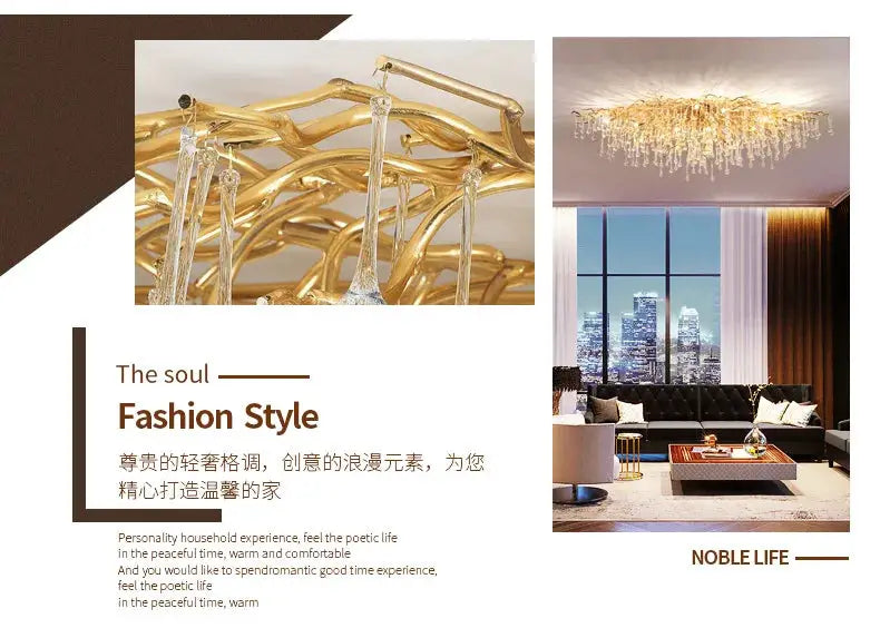 Crystal chandeliers Royal Nordic luxury; gold chrome water-drop pendants, two views for living room decor