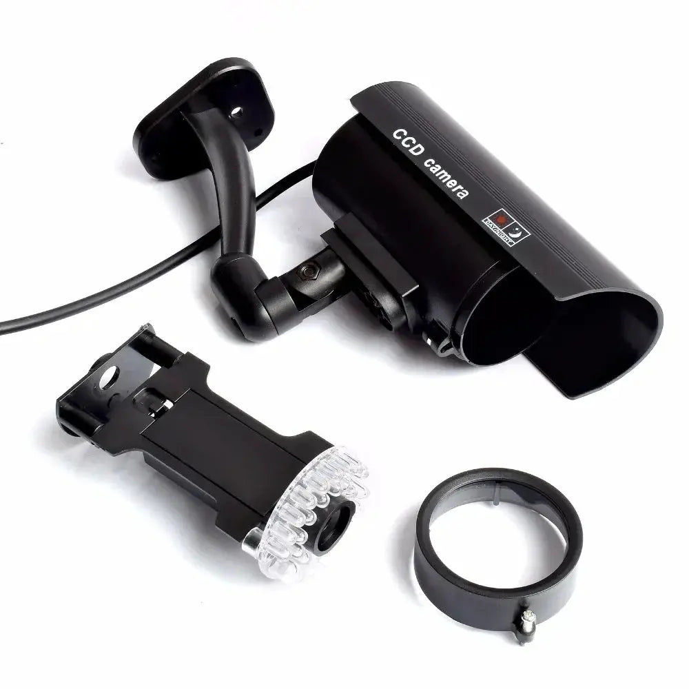 Eleopard fake CCTV camera with flashing red LED, black waterproof security dummy for outdoor/indoor use