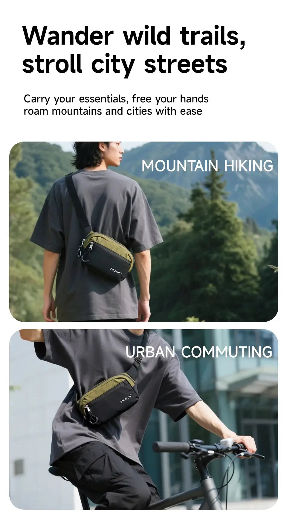 Tigernu waist pack crossbody fanny bag in black and olive, worn by man during mountain hiking
