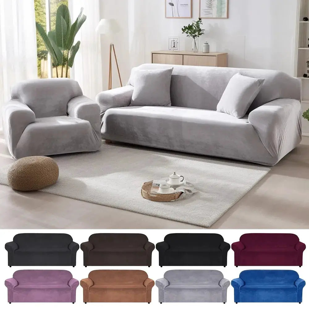 Stretch velvet sofa cover set for 1–4 seat couches in light gray, non-slip elastic bottom by Simples Market