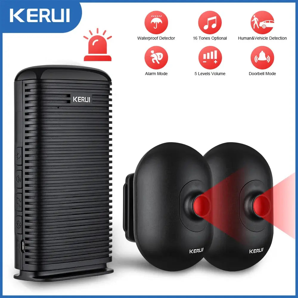 KERUI DW9 garage alarm system; black base unit with two wireless outdoor PIR motion detectors