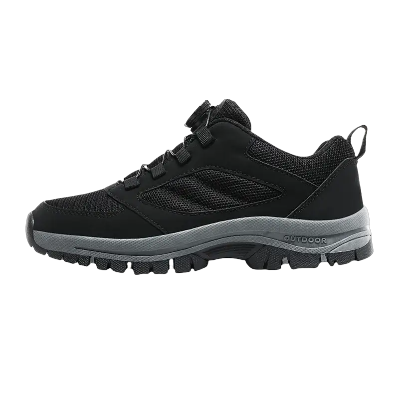 Men's black outdoor hiking shoes with gray sole, mesh panels, rotating buckle, size 39–48