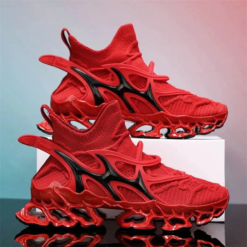 Pair of men's red sneakers by Simples Market, knit upper with black sculpted sole