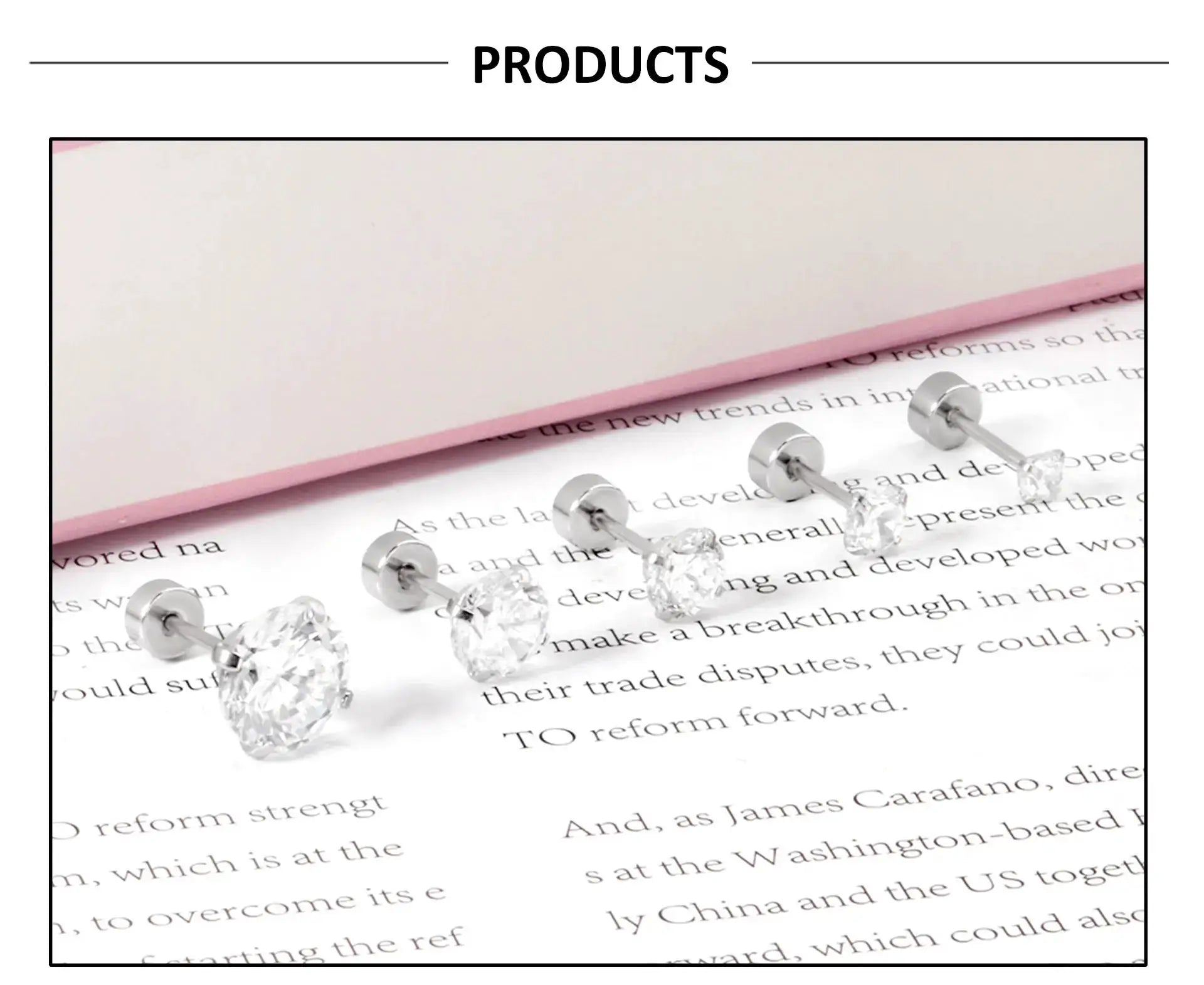 Stainless steel crystal stud earrings, clear cubic zirconia, 4-prong round design, unisex.