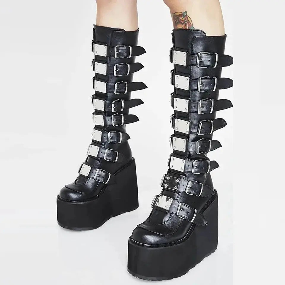 Gothic Cosplay High Heel Platform Boots With Buckle Strap PU Leather Mid Calf Wedges