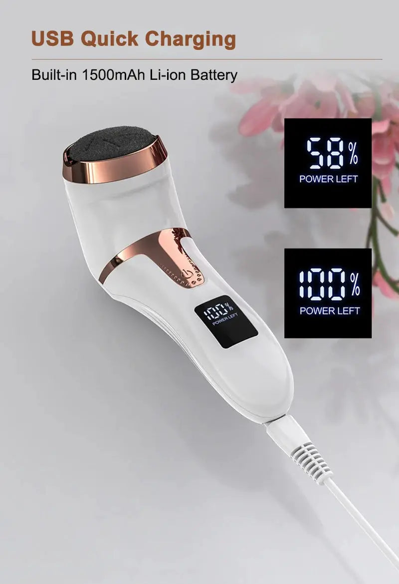 Electric pedicure tool by Simples Market, USB-charging, white with rose-gold trim for foot callus removal