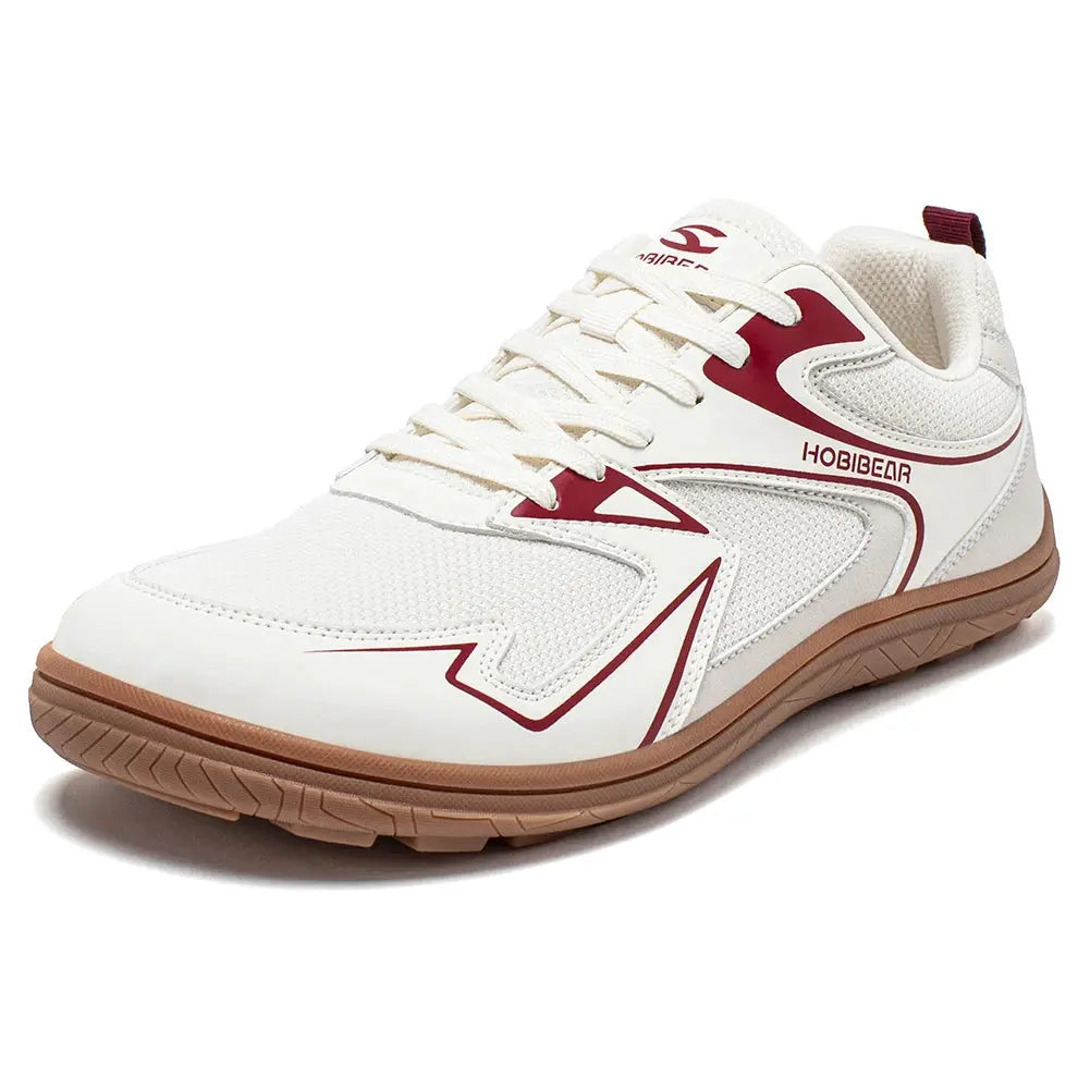 HOBIBEAR barefoot minimalist running sneakers, white mesh upper with tan gum sole for unisex wide width