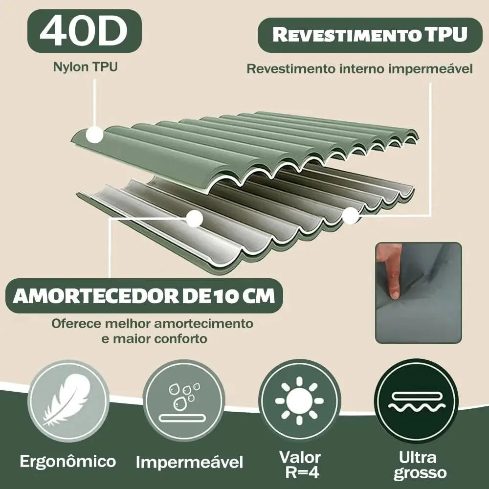 Extra Thick 4-Inch Camping Sleeping Pad, green nylon TPU, self-inflating and spliceable