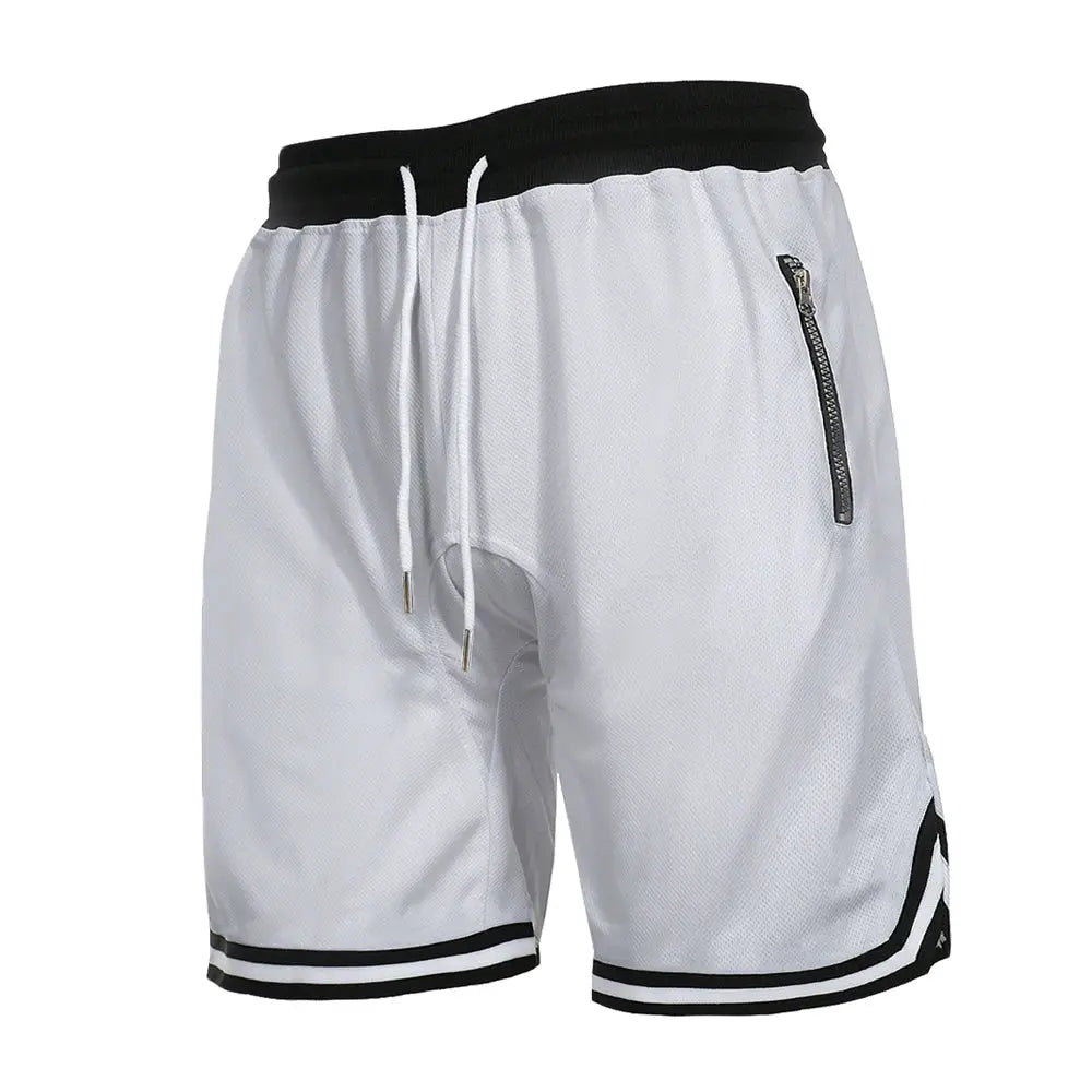 Men's mesh basketball shorts, white with black elastic waistband, drawstrings, zippered side pocket, and striped hem.
