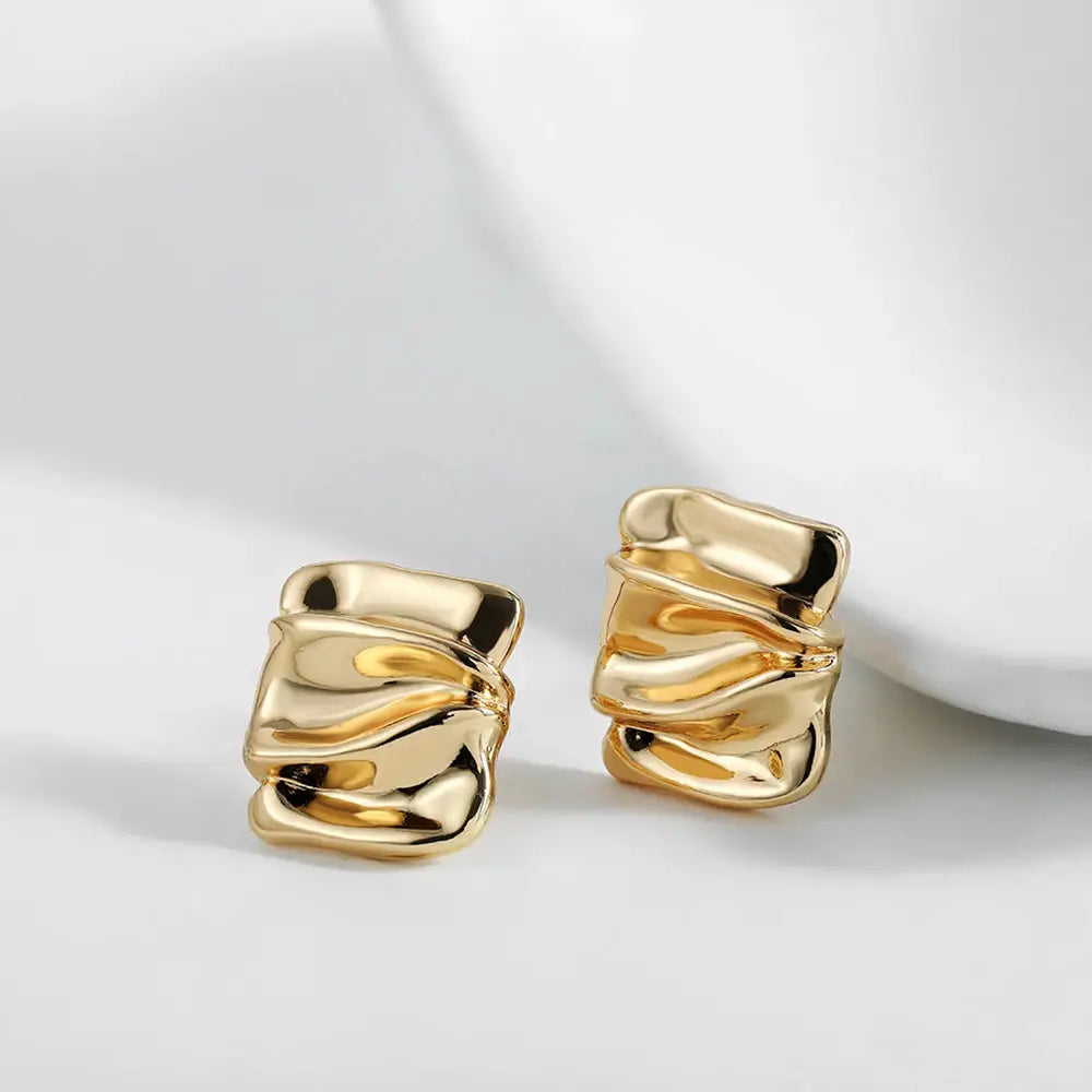 Gold Plated Punk Square Stud Earrings For Women Geometric Pleated Copper Alloy Ear Jewelry Gift For Modern Outfits