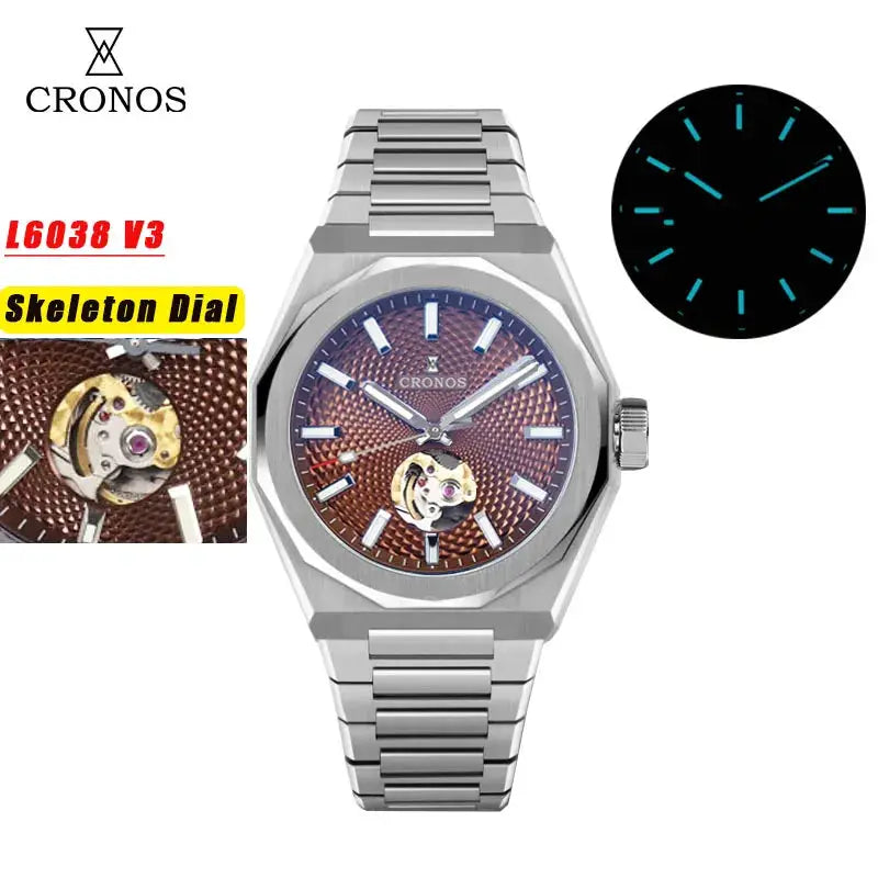 Cronos stainless steel 39mm skeleton dial automatic wristwatch with see-through caseback and luminescent markers