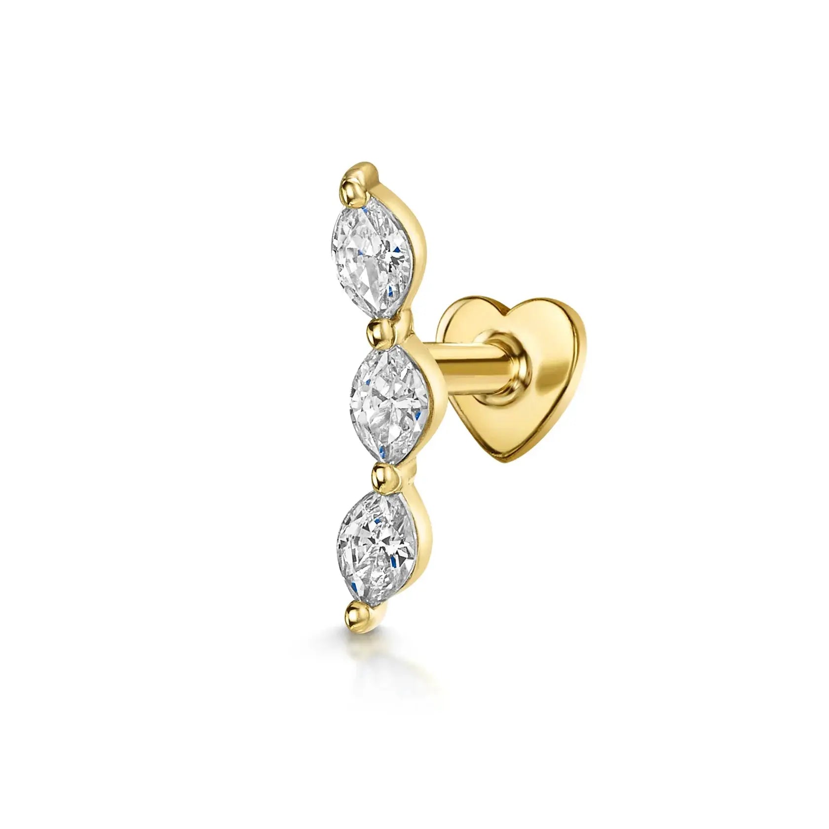 AIDE heart round ball flat helix piercing earring, gold-tone with three clear zircon stones.
