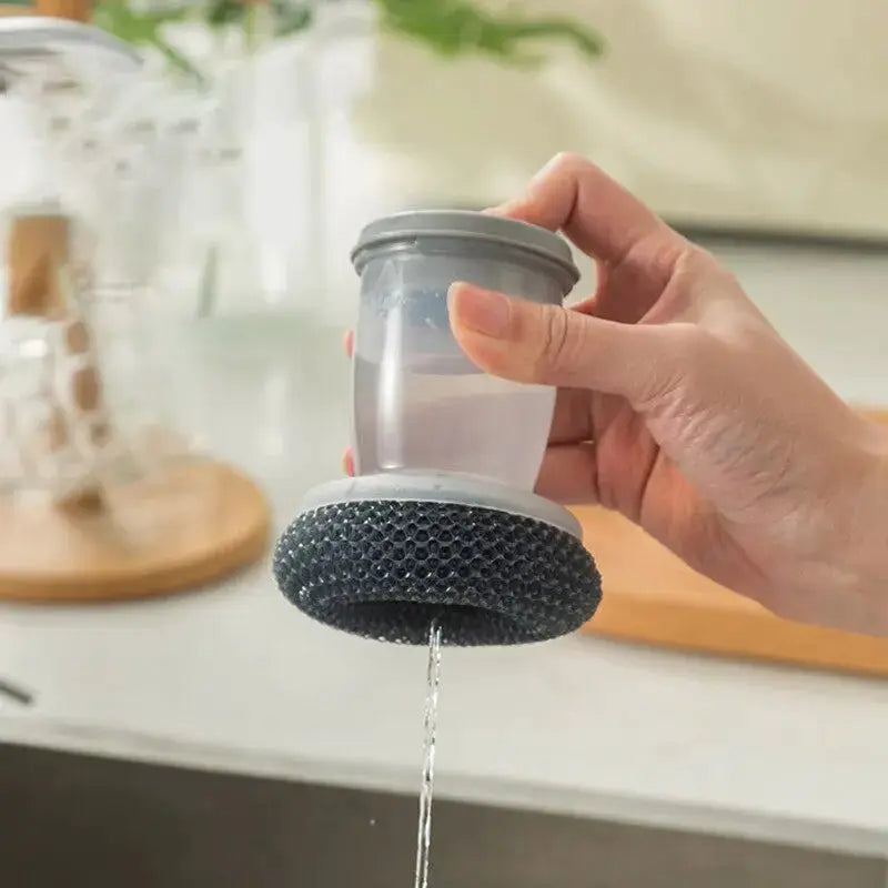 Simples Market portable 1pc soap-dispensing dishwashing brush with clear reservoir and black scrubber