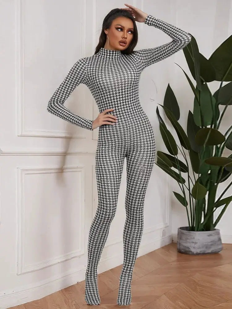 Sisterlinda jumpsuit, black-and-white houndstooth turtleneck long sleeves, skinny fit by Simples Market