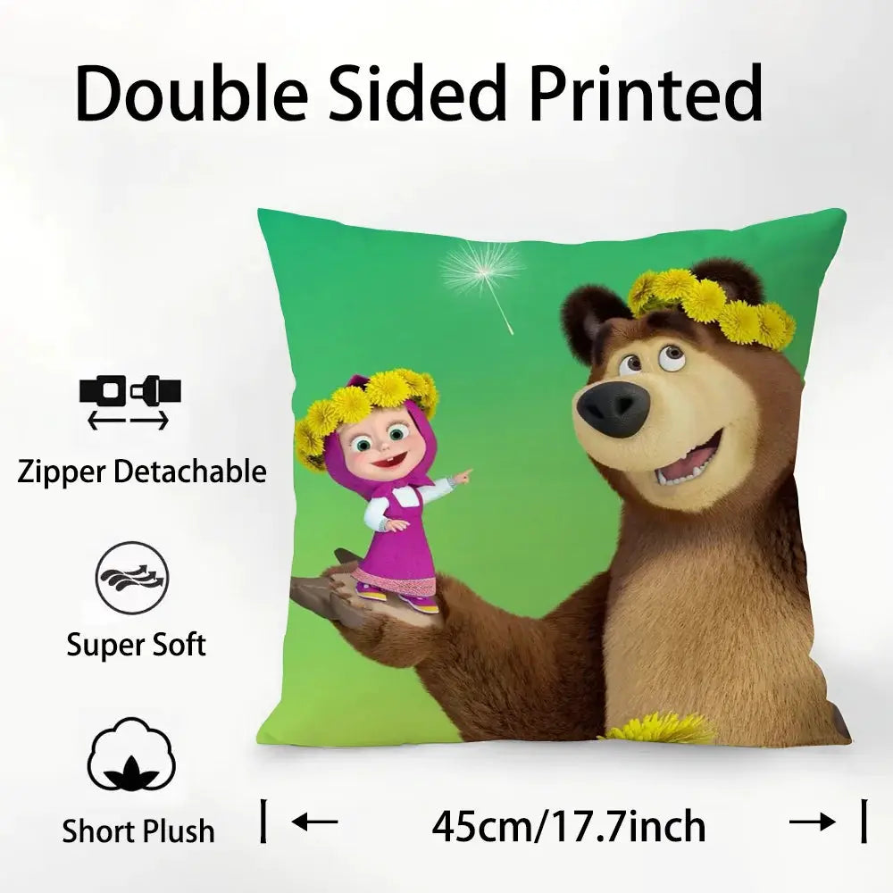 M-Masha And B-Bears pillow cover by Simples Market; green double-sided print, zipper detachable, 45cm