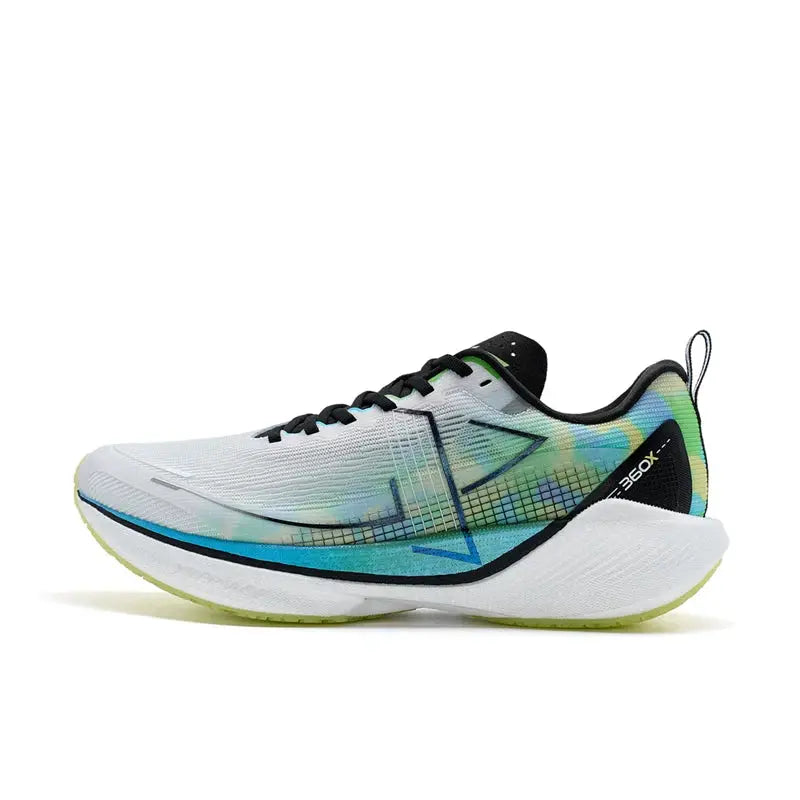 Xtep 360X running shoes; white with teal gradient, black laces, lightweight ETPU midsole
