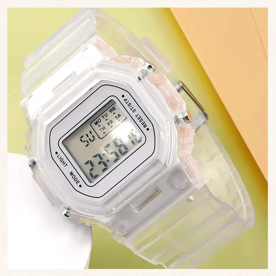Unisex LED digital watch with a transparent silicone strap and clear case