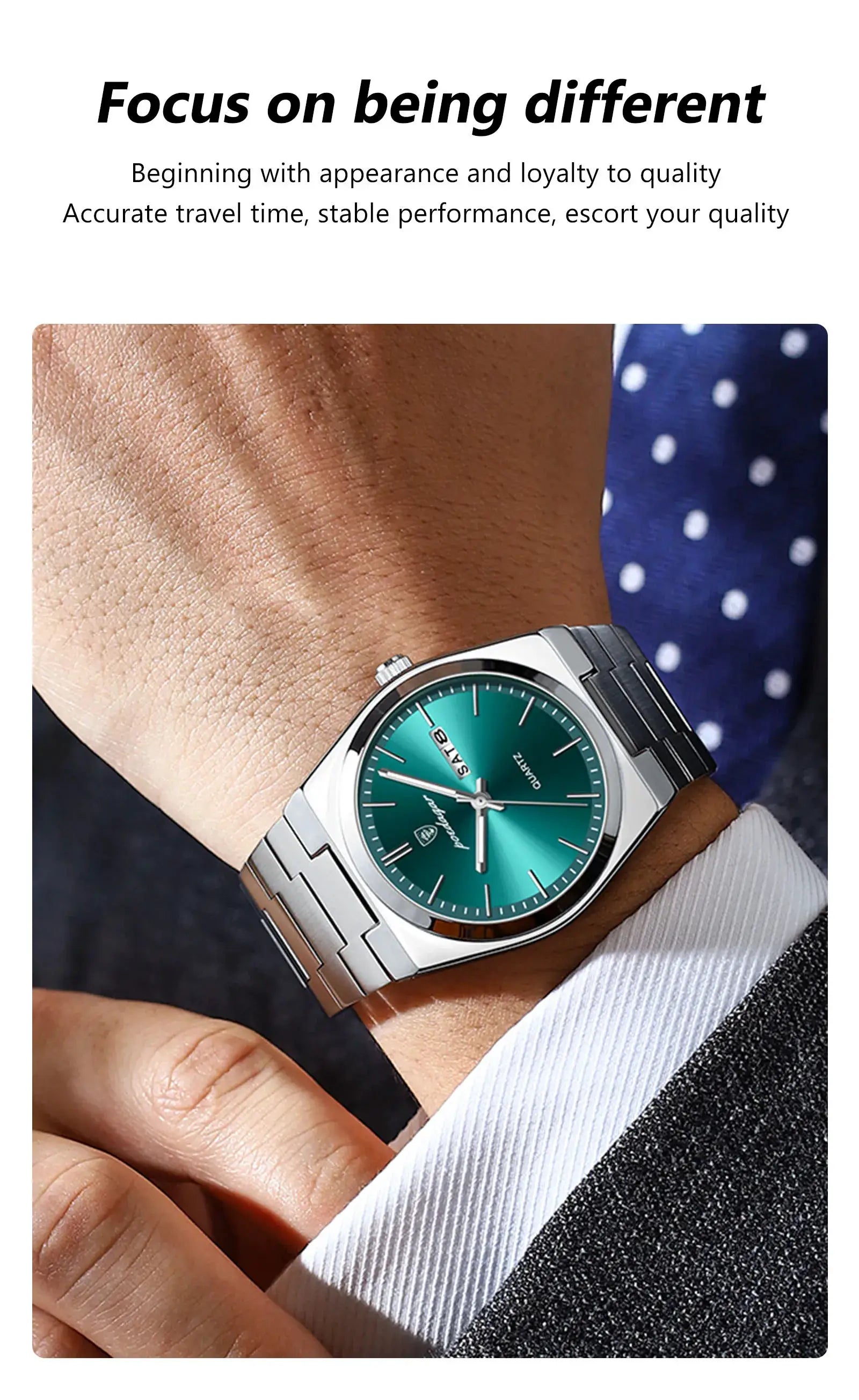 POEDAGAR men's wristwatch with stainless steel bracelet and teal dial with date window