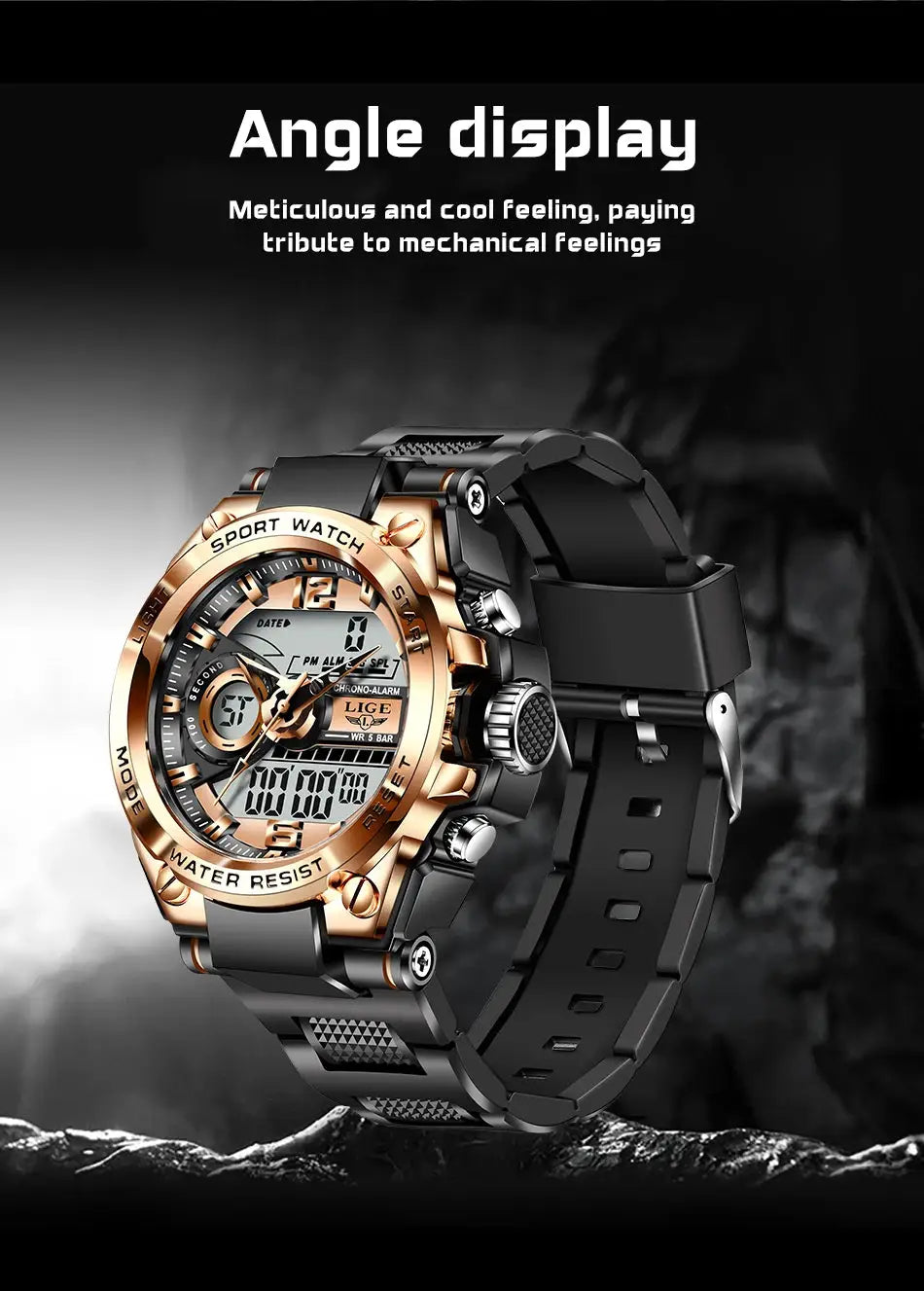 LIGE men's military sport watch with gold-tone bezel and black strap, 50m water resistant