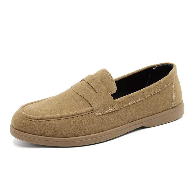 Men's tan suede slip-on loafers, lightweight breathable casual daily wear with soft sole