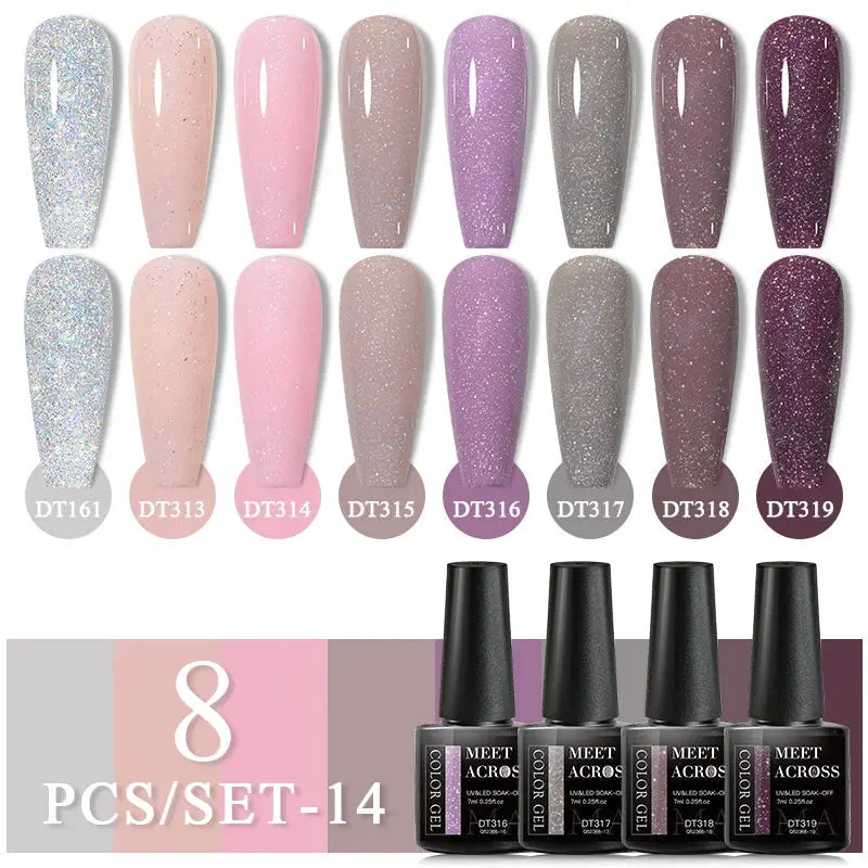 Meet Across 8-piece glitter gel nail polish set by Simples Market; assorted pinks, purples & neutrals