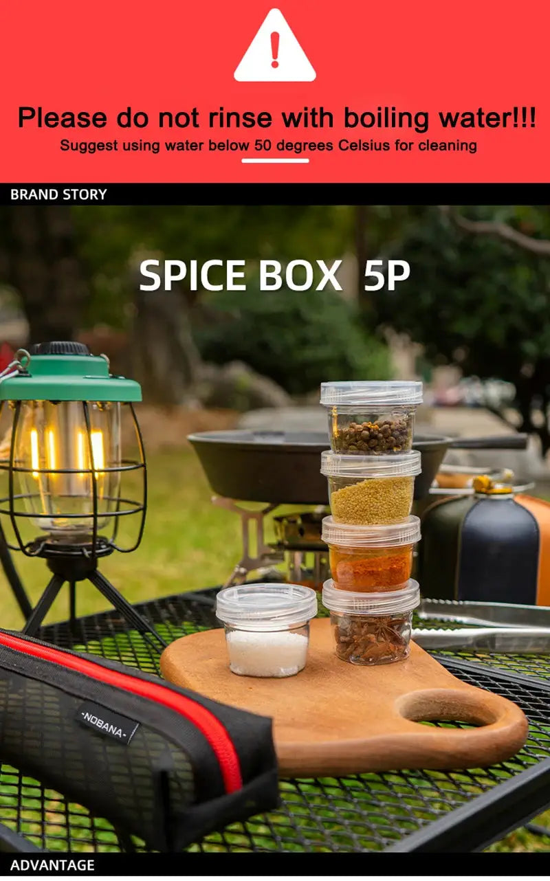 Simples Market portable camping spice kit; five clear plastic spice bottles on a wooden board beside a lantern.