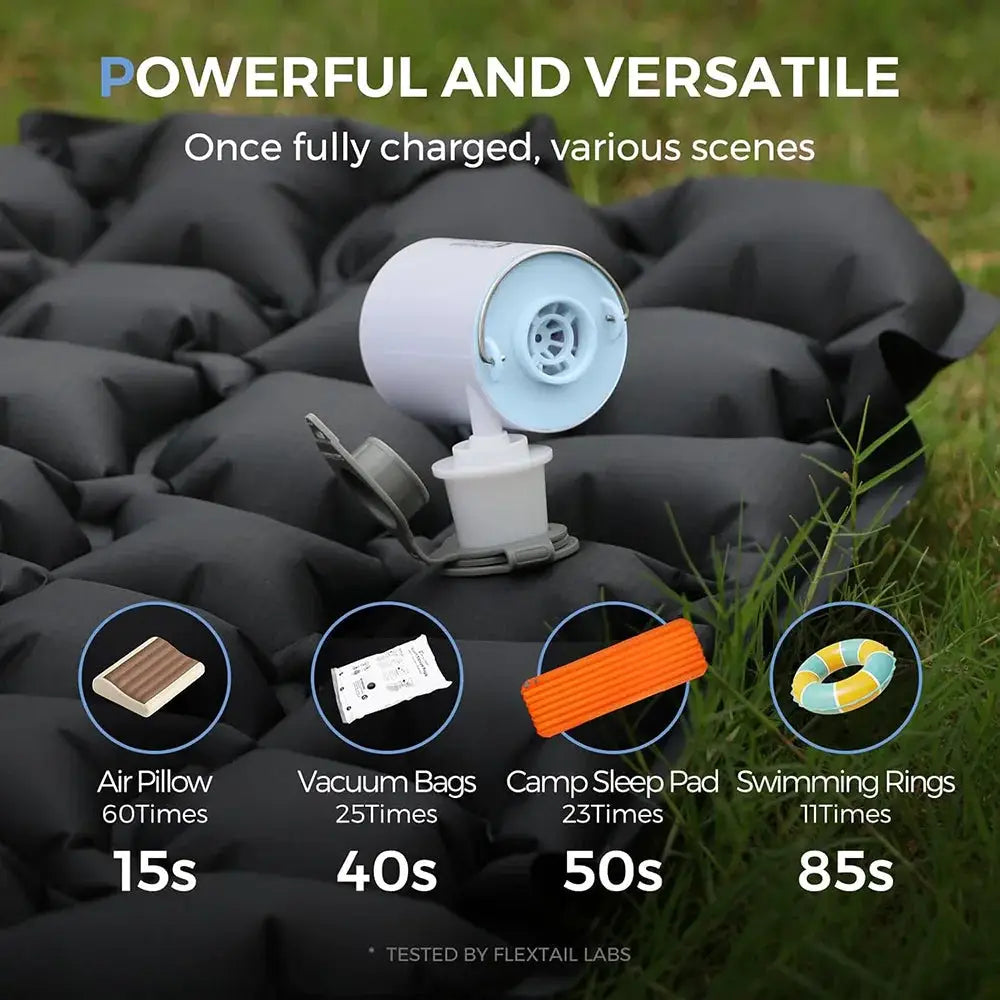 FLEXTAIL Portable Air Pump with light in white and blue by Simples Market; USB-C charging for sleeping pads and air beds
