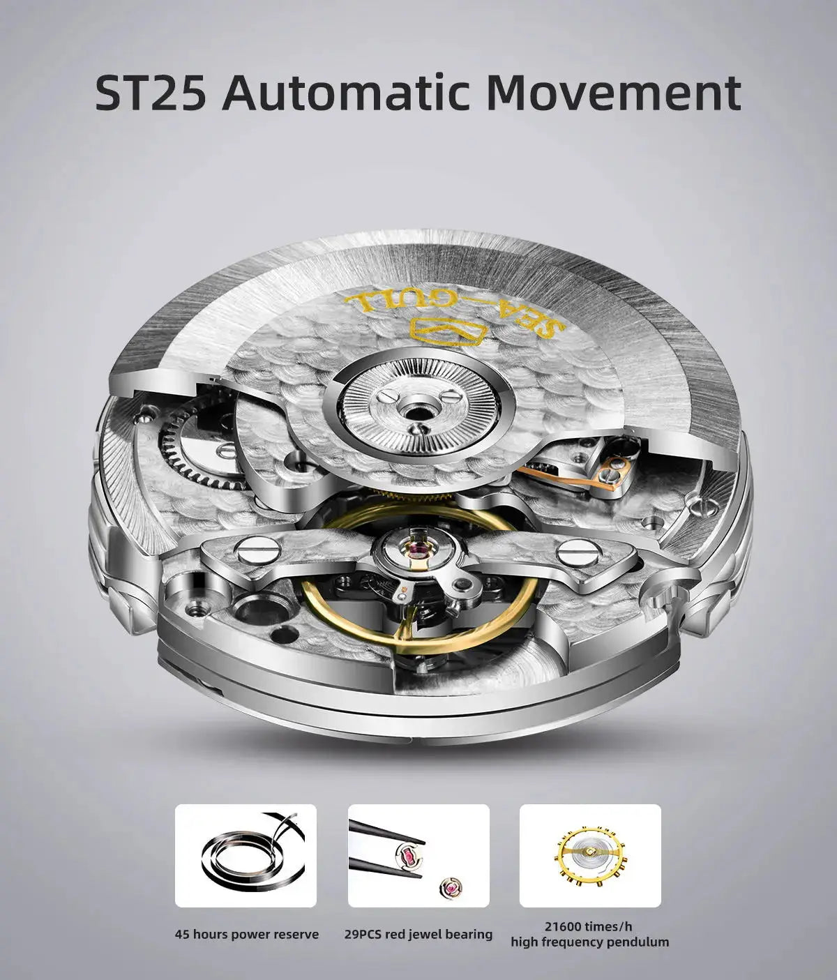 Seagull ST25 automatic movement watch mechanism with visible gears and rotor in polished metal