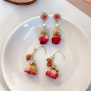 Rose earrings set: 4-piece collection with red epoxy rose studs and pink drop roses with pearls