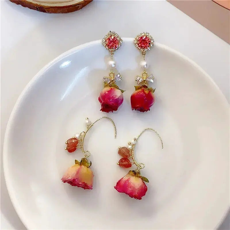Rose earrings set: 4-piece collection with red epoxy rose studs and pink drop roses with pearls